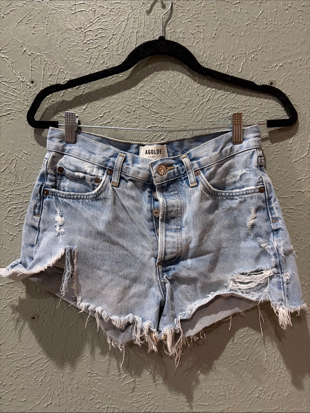 Agolde Light Wash Frayed Distressed Denim Shorts